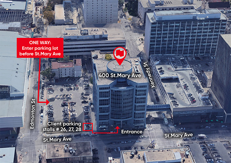 A map of the offices of Burns Chan Wealth Management location. Enter parking lot before St. Mary .Client parking is located in the side of the car park closest to the entrance to the building.
