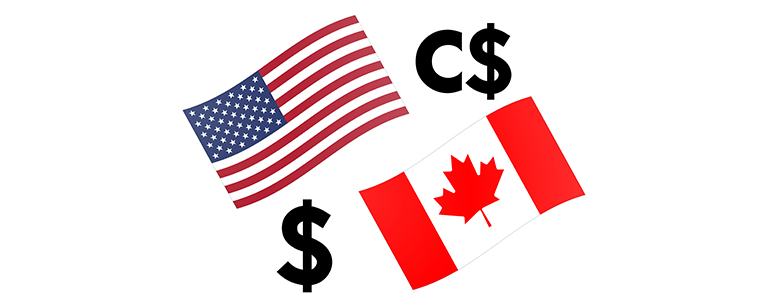 Image of the American flag and Canadian flag with the dollar sign.