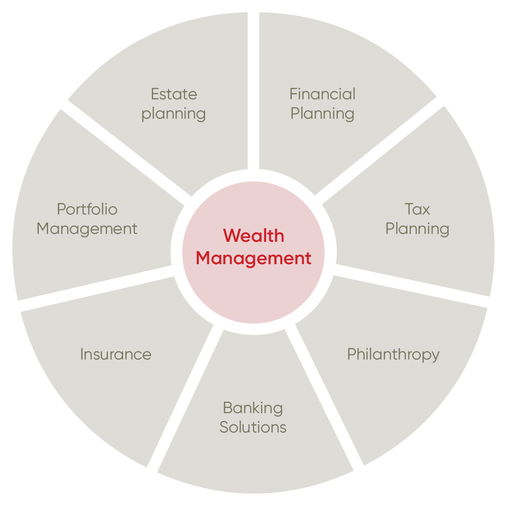 Wealth management wheel with financial, estate and tax planning, portfolio.