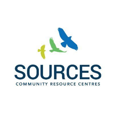 Sources logo. Three green and blue birds flying.